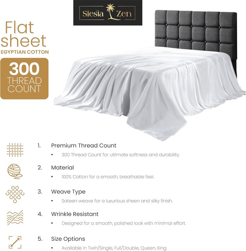 Siesta Zen شيتات سرير مسطحة مزدوجة من قطن مصري 100% - سييستا زين 230x250 سم - ناعمة للغاية بوزن 300 خيط، مقاومة للتلاشي والتجاعيد (بيضاء) - Image 5